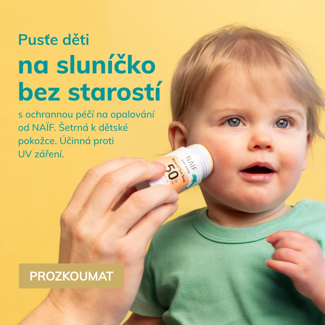 Pusťte děti
na sluníčko bez starostí
s ochrannou péčí na opalování od NAÏF. Šetrná k dětské pokožce. Účinná proti UV záření.
